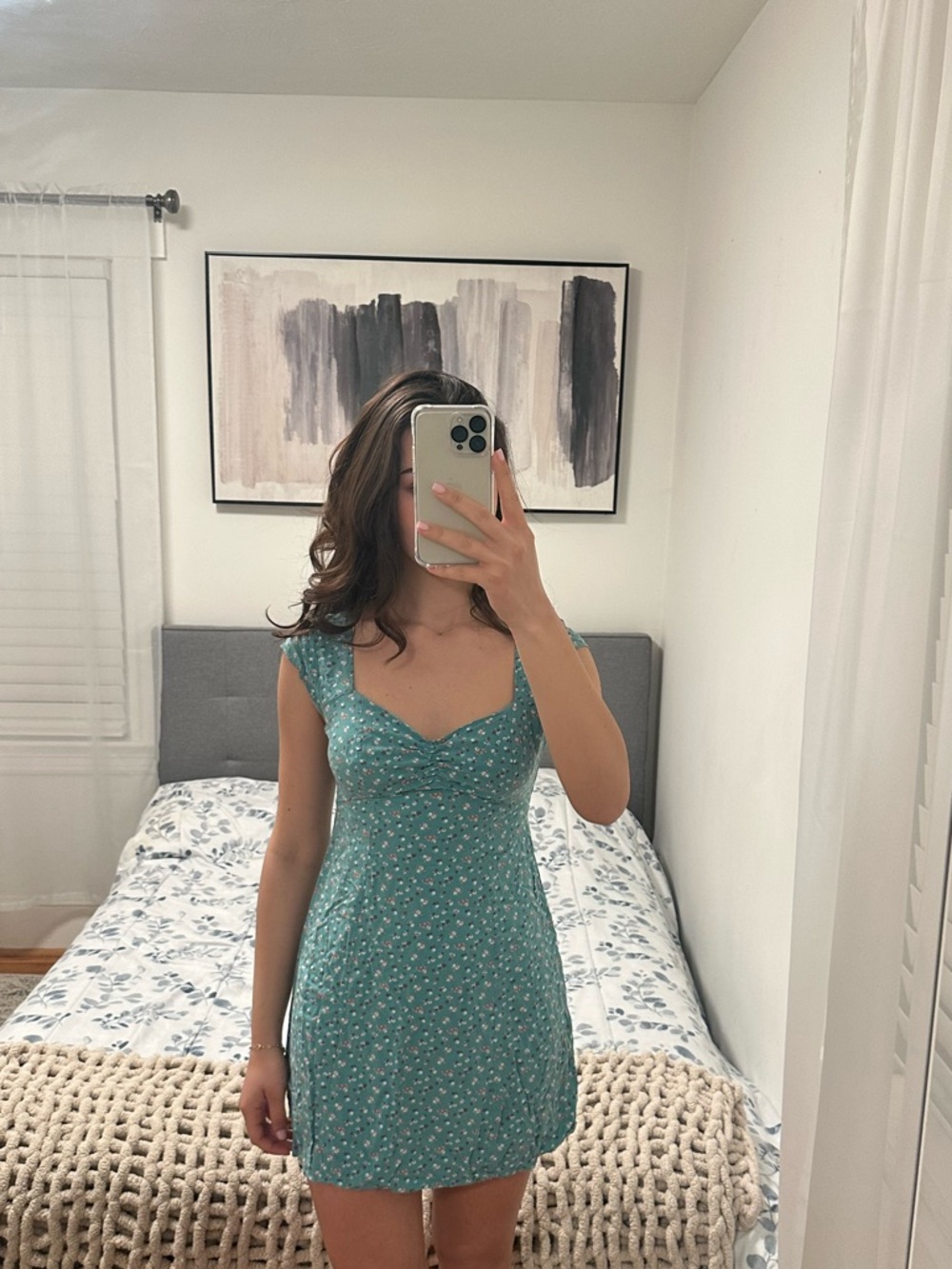 Aeropostale Green Floral Mini Dress - Tie Back & Ruched Bust (Size S)